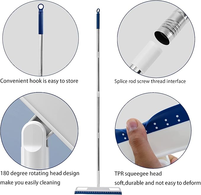 Multifunction Magic Air Broom, Silicone Broom with 56" Long Handle, 4 in 1 Rubber Squeegee Sweeper for Floor Bathroom Kitchen Shower Tile Pet Hair Fur Marble Glass Water Window Foam Cleaning (Blue)