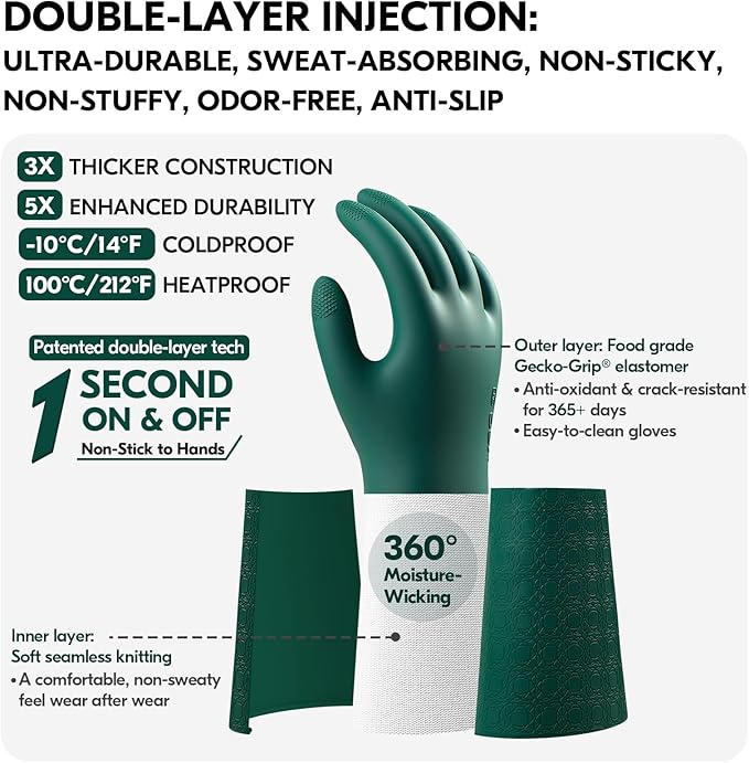 Vgo... Household Cleaning Gloves,Double-layer,Lined Dishwashing Gloves,Long Sleeves for Kitchen,Bathroom Cleaning(TP1117)