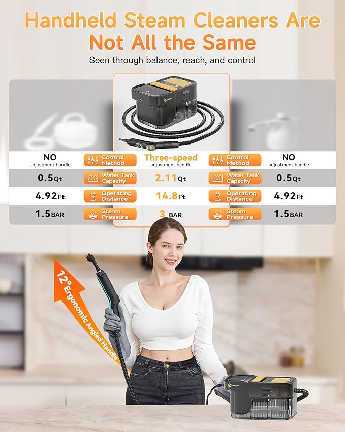 Gautye Steam Cleaner, 3 Level Adjustable Handle, 10s Heat Up, 2.11 Quarts Tank, Handheld Steam Cleaner with 18 pcs Accessories, Steam Cleaner for Home for Floor, Dirt, Grease, Grout, Tile, Car
