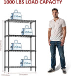 IZEUK 4 Tier Black Metal Storage Shelves, Heavy Duty Wire Shelving Rack for Garage, Kitchen, Bathroom, or Laundry Organization, 1000 lbs Capacity, 13.8" D x 35.4" W x 59.5" H