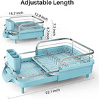 SNTD Dish Drying Rack, Expandable Dish Rack for Kitchen Counter, Stainless Steel Dish Drainer with Drainboard Set and Utensil Holder (Blue)