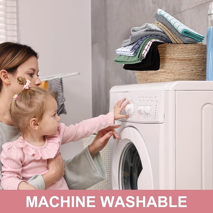 Homaxy Premium Cotton Kitchen Towels 16"x 28", Large Natural Ring Spun 390 GSM Dish Towels, Super Absorbent Terry Kitchen Hand Towels, Soft Tea Towel with Hanging Loop, Pink Check Design, 8 Pack