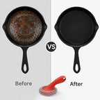 SUBEKYU Cast Iron Scrubber with Silicone Handle, Stainless Steel Skillet Cleaner for Cast Iron Pans (Red Scrubber + Scraper)