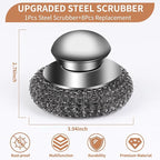 9Pcs Steel Wool Scrubber with Replacement Wire Sponge Pads Set, Stainless Steel Scrubber with Handle for Scouring Messes from Cast Iron, Frying pan, Pots, Pans, Grill, Stoves, Sink(1 Scrubber+8 Pads)