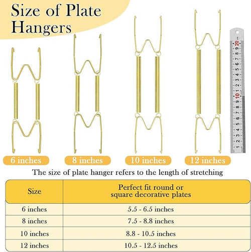 14 Pack Plate Hangers for Wall Display, 6/8/10/12 Inch Invisible Stainless Steel Plate Holders with Wall Hooks, Fit 5.5–12.5 Inch Decorative Plates, Plate Display Hangers for Home Wall Decor, Gold
