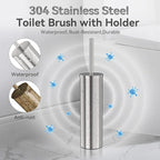 DOWRY Stainless Steel Toilet Bowl Brush and Holder for Bathroom, Deep Cleaning Toilet Brush and Holder Set with Long Handle, Hidden Toilet Bowl Brush with 2 Heads,Modern Decor Nickel Brushed Round