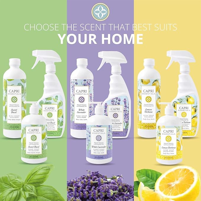 CAPRI ESSENTIALS Dish Soap Liquid, Natural Household Cleaning, Plant Based Aromatic Dish Detergent, Blend of Essential Oils with Tea Tree, Rosemary & Cedarwood, Lemon Verbena, 16 FL Oz (6 Pack)
