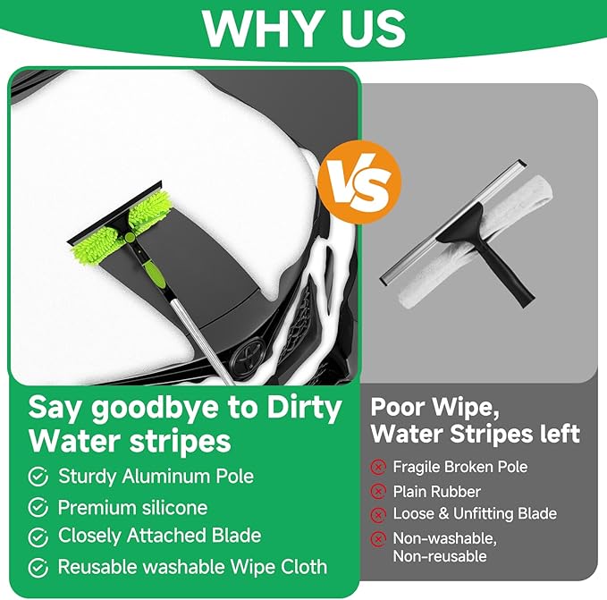 67'' Window Squeegee Cleaner Tool with Extension Pole, 2-in-1 Squeegee for Window Cleaning Kit with Scrubber and Rotating Head, 2 Blade 2 Scrubber for Indoor & Outdoor High Windows