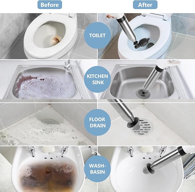 Air Plunger for Drain, High Pressure Air Drain Blaster with Visual Barometer Stainless Steel Toilet Clog Remover Toilet Unclogger Plungers for Bathroom, Toilets, Sink, Kitchen, Clogged Pipe