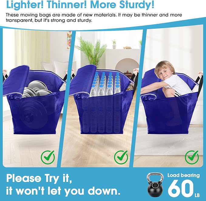 BlissTotes 10 Pack Moving Bags with Clear Window, Storage Bags with Strong Carrying Handles & Zippers,Large Packing Bags for Saving Space, Alternative to Moving Boxes(Blue,24 Gallon)