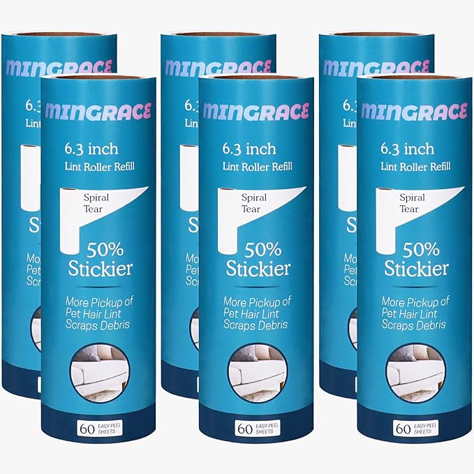 6.3 inch Large Lint Roller Refills Compatible with All Standard 6.3'' Wide Lint Rollers for Pet Hair, 50% Stickier, 60 Sheets per Refill, Pack of 6 Refills, 360 Sheets Total