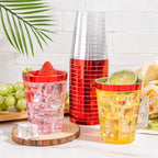 DaYammi 100 Pack Red Plastic Cups 10 Oz Clear Red Rimmed Plastic Cups for Party Fancy Disposable Cup for Wedding Disposable Glasses Clear Tumblers with Rim for Christmas Elegant Wine Cocktail Cup