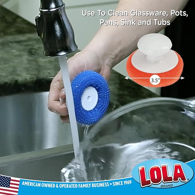 LOLA Plastic Mesh Non-Scratch Scouring Pad, 6 Pack, Hand Saving Comfort Knob, Red, Blue or Yellow It's Random, Clean Pots, Pans, Sinks