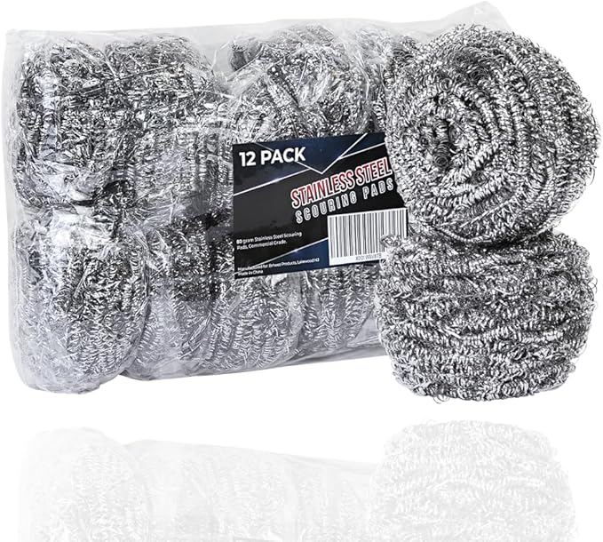Brheez Stainless Steel Cleaner Scouring Pads [12 Pack] - Industrial & Commercial Strength Large Cleaning Supplies Dish Sponge - Individually Wrapped 50 Gram