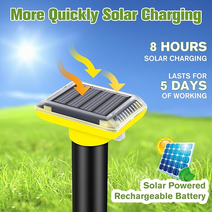 Solar Mole Repellent, Ultrasonic Gopher Repeller Outdoor, Solar Powered Waterproof Snake Repellent Deterrent Gopher Vole Snake Pest and Other Animals from Lawn Garden Yard Home(LightYellow, 4 Packs)