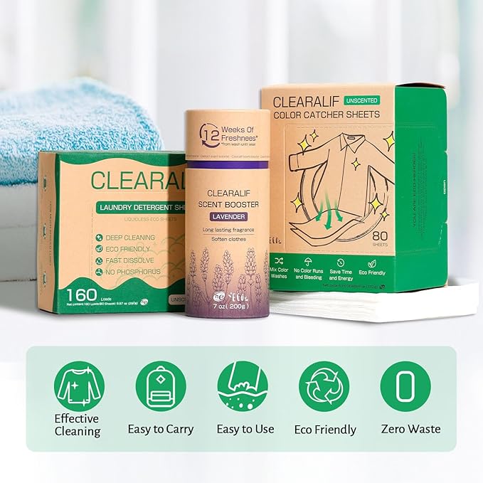 CLEARALIF All In One Laundry Kit. 80 Unscented Laundry Sheets, 7 oz Lavender Scent Booster, 80 Color Absorber Sheets