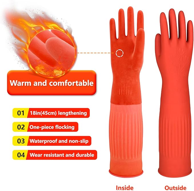 North Tower Rubber Gloves Kitchen Cleaning For Washing Dishing Kithchen, warmming Heat Resistant Dishwashing Gloves,18",2 Pairs Small