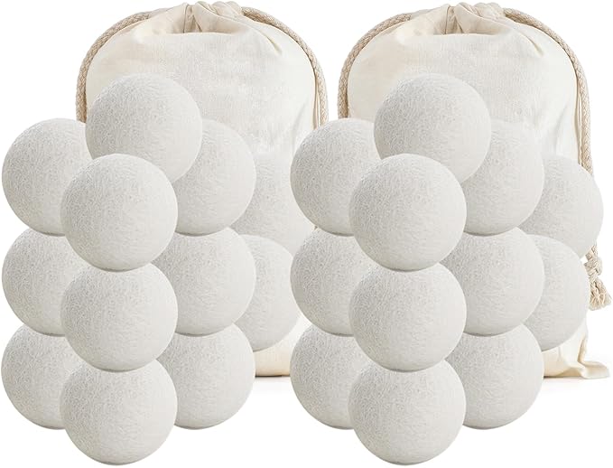 Organic Wool Dryer Balls Wool Balls for Dryer, Laundry Balls for Dryer Reusable 6P Reducing Clothing Wrinkles,Saving Drying Time and Fabric Fluffier 100% New Zealand Wool Lint Balls (24p White)