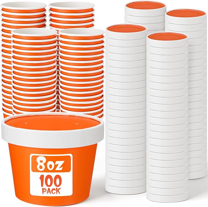 Fulmoon 100 Pack Paper Soup Containers with Lids Disposable Paper Food Containers with Vented Lids Kraft Ice Cream Bowls Soup Cup Ice Cream Cups for Restaurants (8 oz,Orange)