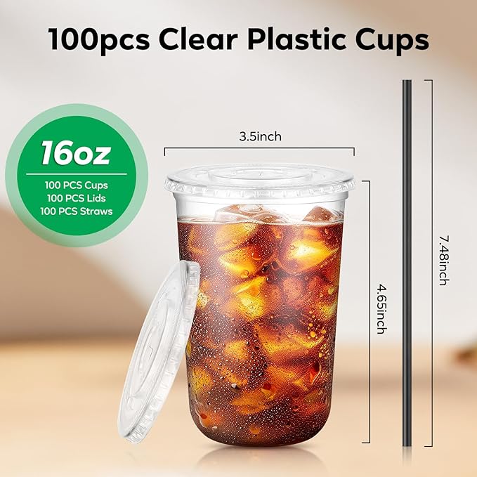 100 Pack 16 oz Clear Plastic Cups with Flat Lids and Straws, Disposable Iced Coffee To Go Cups, Plastic Smoothie Cold Drink Cup for Party, Picnic, Travel