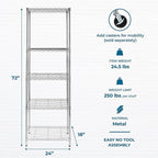 Honey-Can-Do 5-Tier Heavy-Duty Adjustable Shelves, Metal Storage Rack with 250-lb Shelf Capacity, Chrome, 18" W x 24" L x 72" H