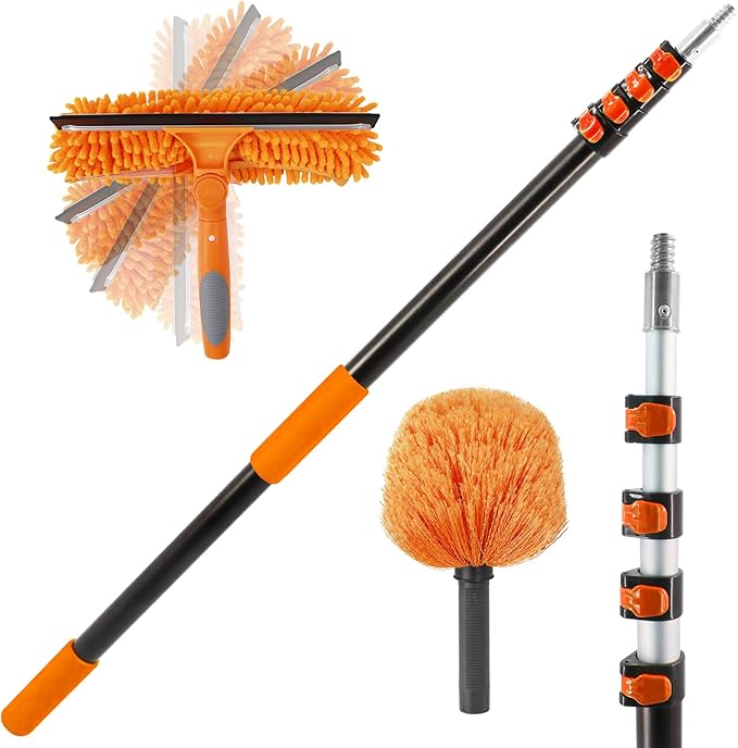 23 ft High Reach Window Squeegee & Cobweb Duster with Extension Pole, 2 in 1 Squeegee for Window Cleaning, Spider Web Brush with Lightweight 4-16.5 ft Telescoping Pole for Outdoor Indoor Car Cleaning