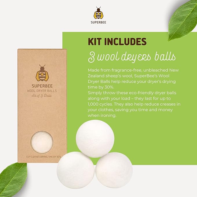 SuperBee Laundry Kit - Eco Laundry travel kit - Chemical Free Sensitive Skin Laundry - Laundry alternative 300 loads - 3 Wool Dryer Balls - Natural Fabric Softener - Cotton mesh laundry bags set