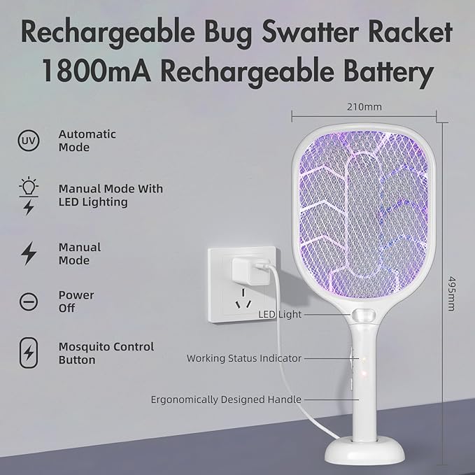 Lulant Electric Fly Swatter Racket,3000V Bug Zapper Racket,1800mA Battery Rechargeable Mosquito Killer, Type-C Rechargeable Base, Three-Layer Protective Safety Mesh for Indoor and Outdoor