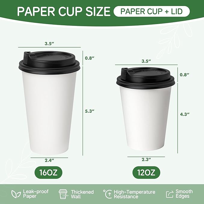16 oz Coffee Cups with Lids 100 Pack,White Leak-Proof Disposable Coffee Cups for Hot/Cold Beverages, Party Supplies, To-Go Paper Cups for Coffee, Tea, Office, Picnic
