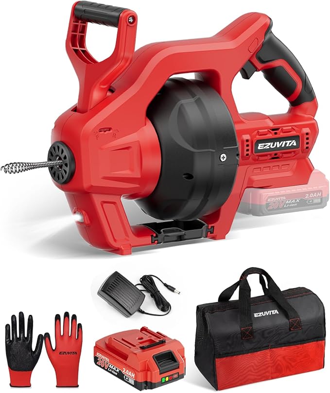 20V Cordless Electric Drain Snake, 25Ft Replaceable Cable with 2.0Ah Battery & Fast Charger, Storage Bag & Gloves, Snake Drain Hair Removal Tool with LED Light for Sink&Sewer 3/4"-2" Pipe