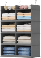 Lifewit Dual-Row Shelf Hanging Closet Organizer and Storage, Clothes Shelves with 3 Sturdy Hooks for Clothing Organization, Foldable Container Hold Up to 24 Sweaters, 4 Tier 8 Sections, Gray