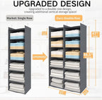 ALLTIDYUP Space-Saving Hanging Closet Storage Organizer – Dual-Row Foldable Shelves with 3 Hooks, 6-Tier Wardrobe Organizer for Dorm, Bedroom, Closet (Grey)