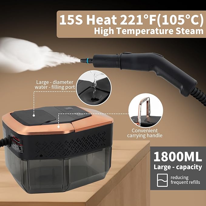 2500W Handheld Steam Cleaner, 15s Fast Heating Steam Cleaning, 1800ML Large Capacity Tank, Portable Steam Cleaner for Upholstery, Grout, Window, Grime, Grease, Bed Bugs, Car(BLACK)