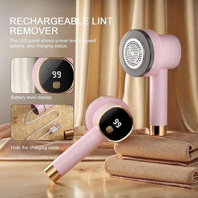 Fabric Shaver, Rechargeable Electric Lint Remover with LED Display, Lint Shaver, 6-Blade, 3-Speed Defuzzer Remove Fuzz, Pills for Clothes, Upholstery, Furniture, Pink