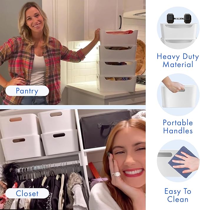 White Small Storage Bins with Lids 2 Pack for Organization for Pantry Bathroom Shelves Closet Cabinets, Stackable Plastic Storage Basket with Lid, Lidded Organizing Bin Containers for Shelf and Crafts