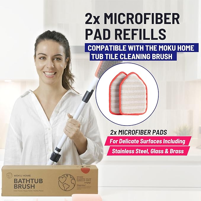 Replacement Microfiber Pad for Moku Home Extendable Tub Tile Shower Scrubber for Cleaning Non-Scratch (2X Microfiber Pad Red)