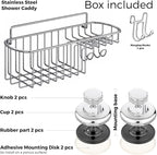 HASKO Shower Caddy Suction Cup, Shower Shelf with Soap Dish and Hooks Organizer, Suction Bathroom Shelf for Storage, Wall Mounted Basket (Polished Stainless Steel SS304)