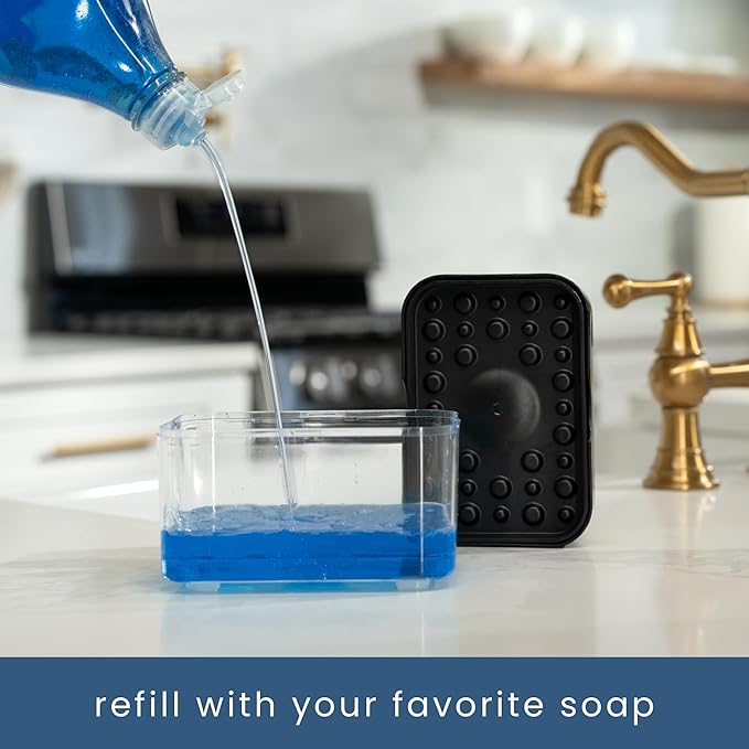 S&T INC. Dish Soap Dispenser and Sponge Holder for Kitchen Sink with Enhanced Features, Sponge Included, 13 Ounces, Matte Black