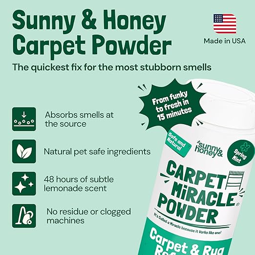 Sunny & Honey Carpet Freshener Powder - 20 Oz, Spring Mint - Pet & Kid Safe Rug Freshener Powder - Dual-Purpose Eucalyptus Mint Carpet Cleaner - Easy Vacuum Dry Rug Shampoo