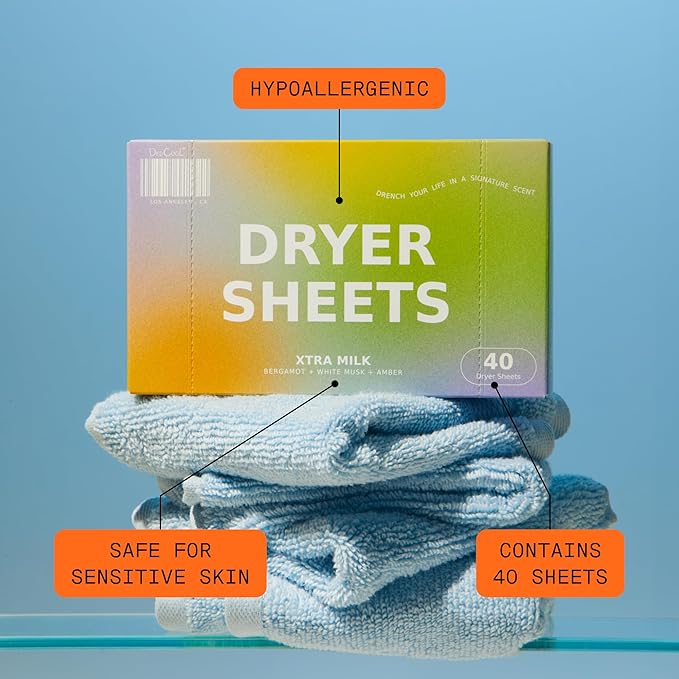 DedCool Dryer Sheets | Xtra Milk | 40 Count | Non-Toxic, Vegan Fabric Softener Sheets | Bergamot, Vanilla & Amber Scent | Softens & Freshens