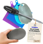 Silicone Dish Scrubber Sponges (5-Pack) - Dual-Sided Silicone Scrubbers and 1 Bottle Stick Brush - Food Grade Kitchen Scrubbers for Dishes - BPA-Free Sponges