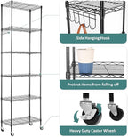 Homdox 6-Tier Storage Shelf Wire Shelving Unit Free Standing Rack Organization with Caster Wheels, Stainless Side Hooks, Black