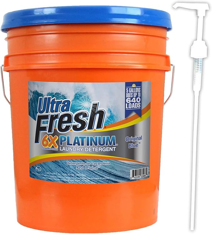 Ultra Fresh 6X Platinum 5 Gallon Laundry Detergent Liquid for All Machine Types with Easy Dispensing Pump, Up to 640 Loads, Original Blue (4 Pack)