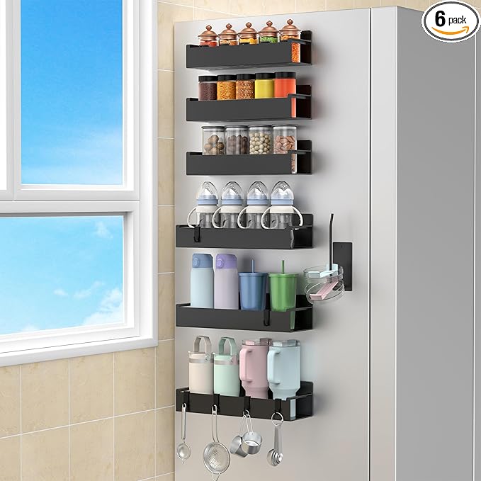 Magnetic Water Bottle Holder for Refrigerator, Cup Holder Organizer for Stanley and Tumbler for Kitchen, 6 Pack, Black