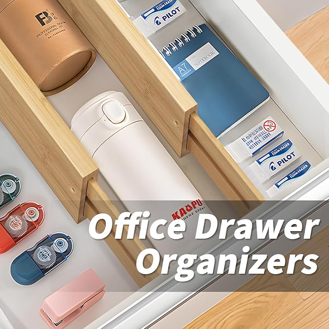 Aubeco Bamboo Drawer Organizers 4 Pack, 17-22" Adjustable Spring Loaded Dividers for Kitchen Utensils, Silverware, Clothes, Dresser, Bathroom and Office Storage