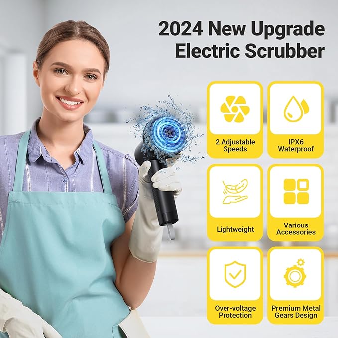 StarVal Electric Spin Scrubber, 2000 mAh Cordless Power Scrubber with 4 Replaceable Heads, 2 Speeds Portable Scrubber for Cleaning Sink/Stove/Corner/Tile/Grout/Bowl (Black)