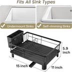 SNTD Dish Drying Rack - Space-Saving Dish Rack for Kitchen Counter, Stainless Steel Dish Drainer with Utensil Holder and Drainboard, 11" W x 15" L (Black)