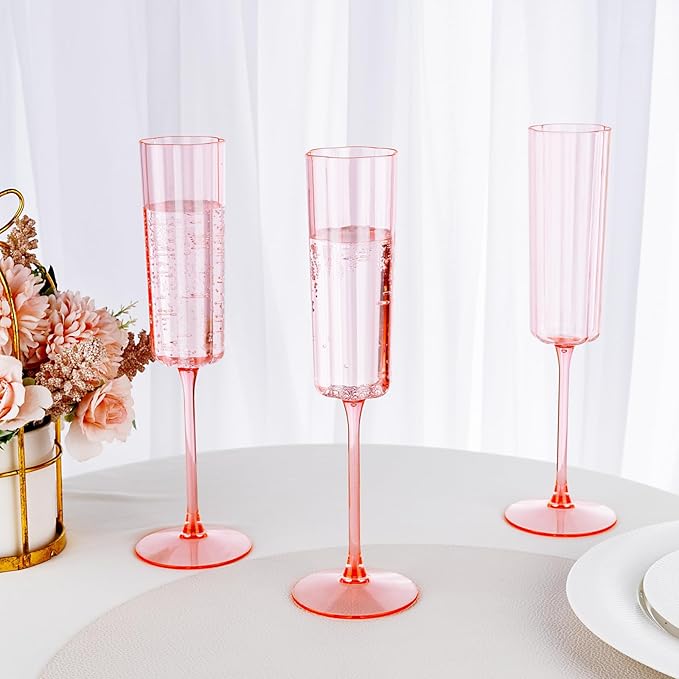 Ciaell 24 Pack Pink Plastic Champagne Flutes - 6 Oz Flower Wavy Champagne Glasses - Heavy Duty Vintage Disposable Glassware for Party & Anniversary & Wedding