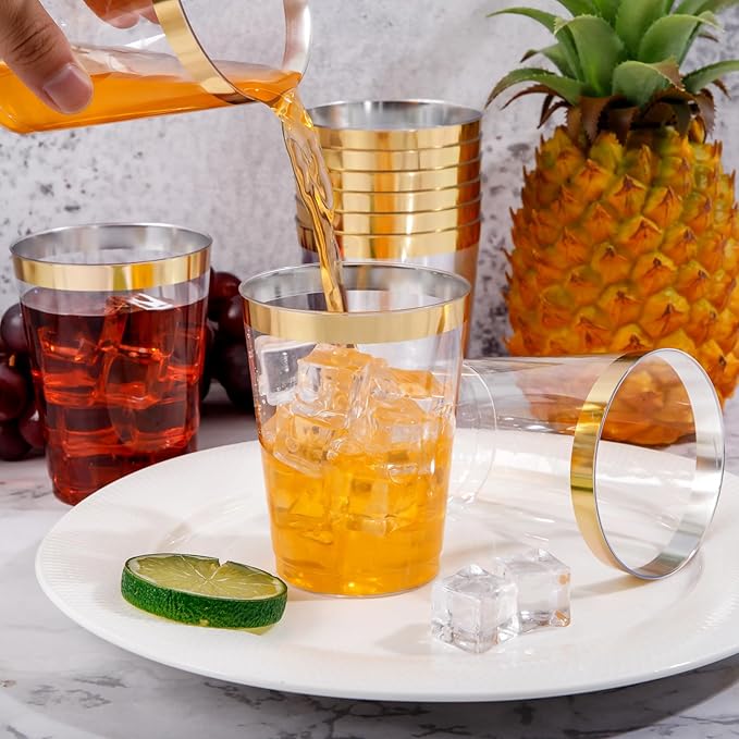 DaYammi 200 Pack Gold Plastic Cups 10 Oz Clear Plastic Cups Gold Rimmed Disposable Wine Glasses Heavy Duty Disposable Tumblers Drinking Cocktail Glasses for Party Wedding
