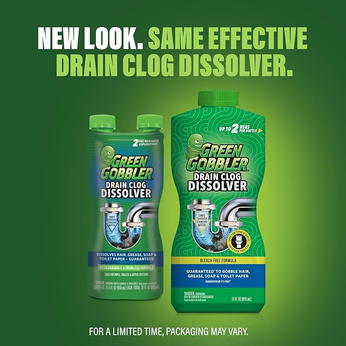 Green Gobbler Drain Clog Dissolver | Powerful Liquid Drain Opener & Toilet Clog Remover | Safe for Pipes & Septic | 2 Pack